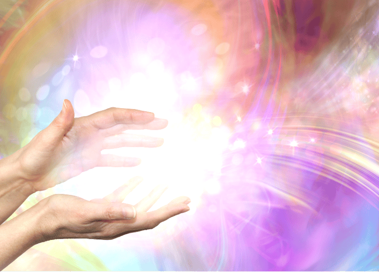 Ilustração de uma fonte de energia saindo das mãos de uma pessoa durante um processo de emanação.