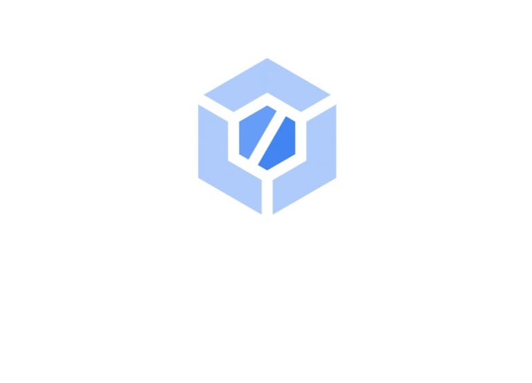 a blue and white logo with a hexagonic cube