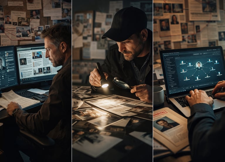 Private investigator analyzing case files, digital evidence, and suspect photos on a laptop computer.
