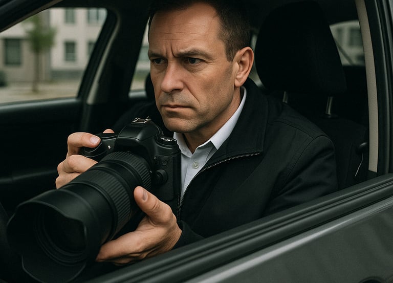 Private investigator sitting in a car conducting surveillance with a professional DSLR camera.