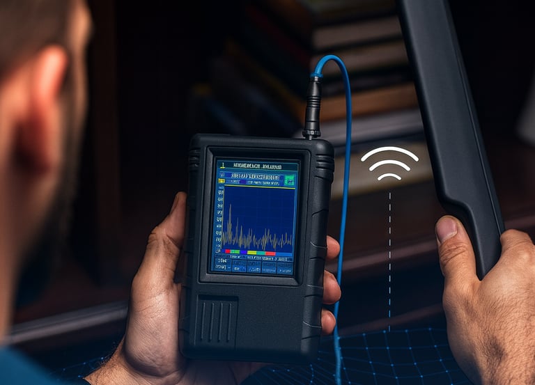 Professional RF bug detector and signal scanner being used to detect hidden listening devices.