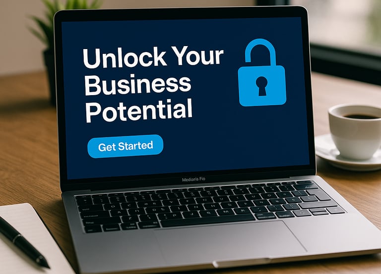 a laptop computer sitting on a desk with wording unlock your business potential