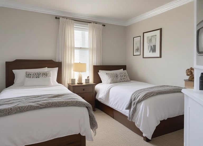 A cozy shared living space with comfortable beds and warm lighting.