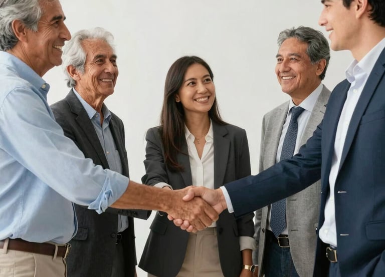 A professional shaking hands with a candidate in a modern office setting.