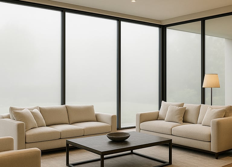 Pellicole LCD oscuranti installate su vetrate di un salotto elegante in una villa moderna