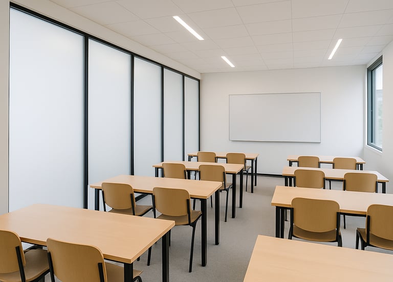 Aula luminosa con pareti in vetro dotate di pellicola LCD opacizzante, spazio formativo moderno