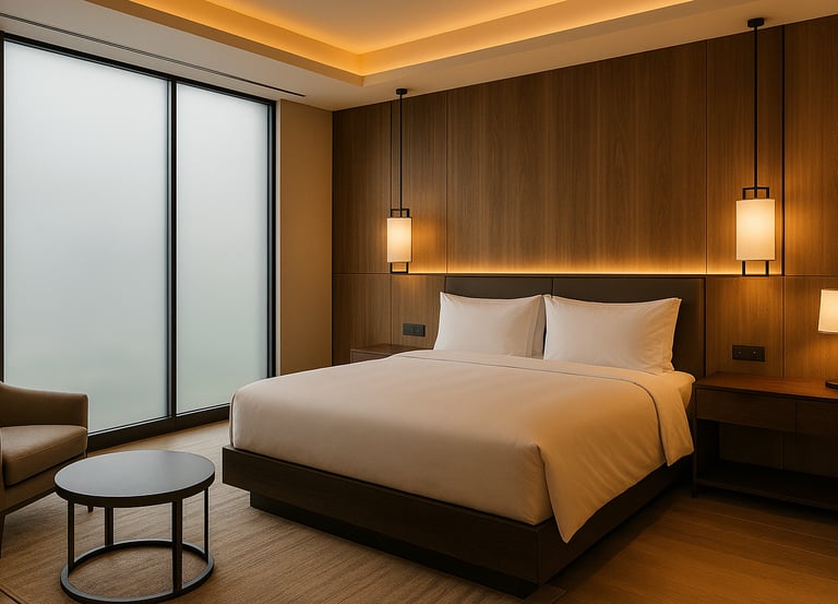 Pellicola LCD attiva su parete in vetro di una suite d’hotel, con privacy istantanea e design modern