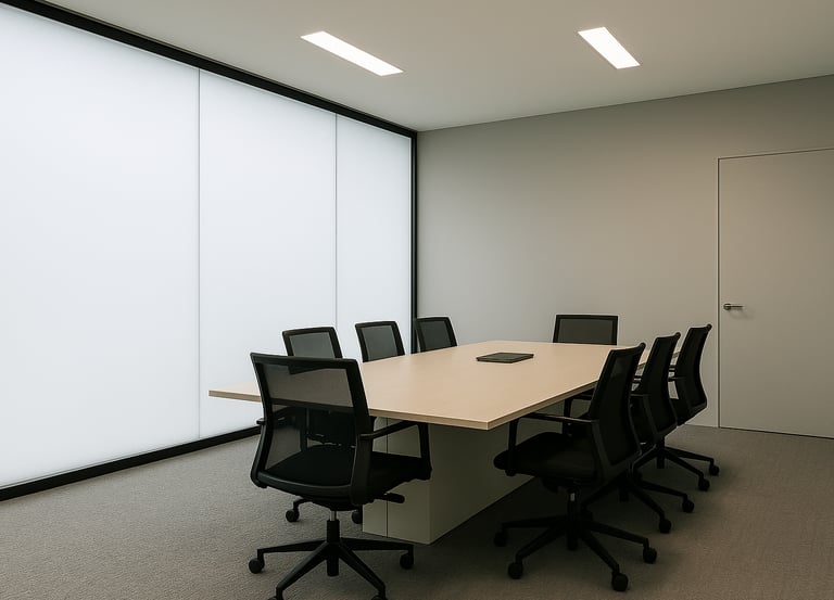 Sala riunioni moderna con pareti in vetro opacizzate da pellicola LCD, ambiente ordinato.