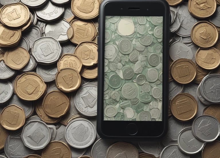 A person holding a smartphone with a financial application open on the screen, standing outside a modern glass building. The background shows a plaza with trees and pedestrians.
