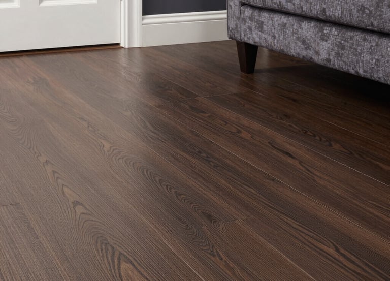 A craftsman installing sleek laminate flooring in a bright, modern room.
