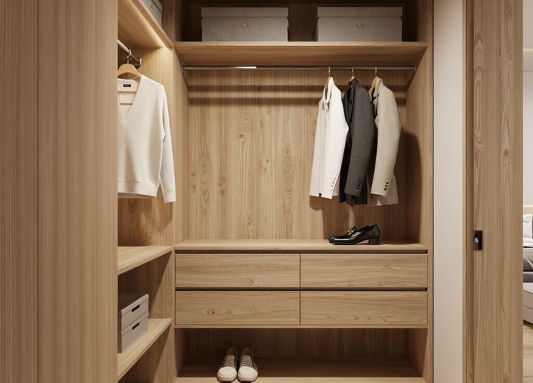 A craftsman carefully fitting custom cabinetry in a warm, inviting living room.