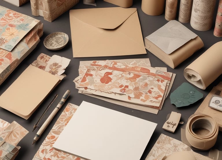 Close-up of decorative papers and envelopes arranged neatly on a wooden table.