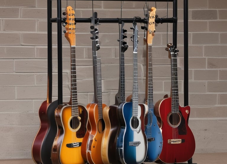 A collection of sturdy microphone and instrument stands in a professional setting.