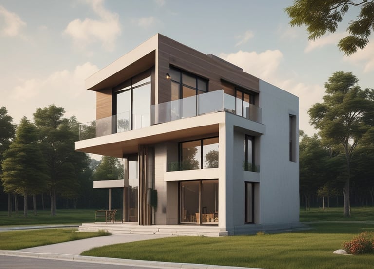 A residential building under construction with visible scaffolding surrounding the front. The structure features a mix of bare brickwork and wooden panels. Windows are installed on the upper level, and the roof is partially finished with red tiles. Construction materials such as wooden planks and blue tarps are scattered in the foreground.