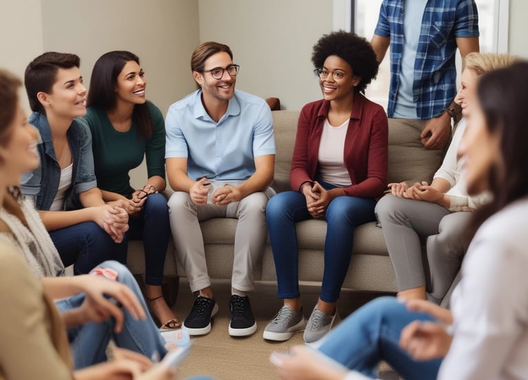 A friendly counselor guiding a diverse group of adults in a bright community center.