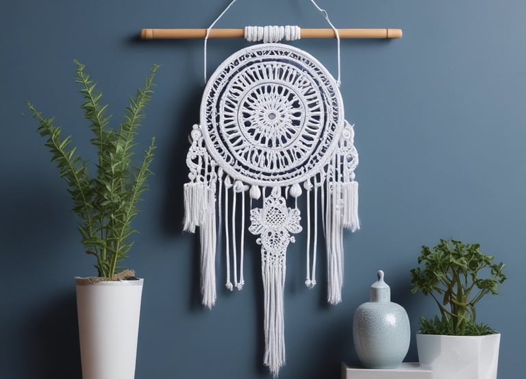 Tapiz de pared de macramé blanco hecho a mano, con diseño circular de mandala, sobre una pared azul.