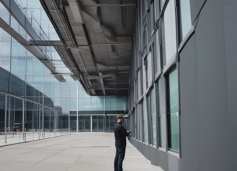 Inspector examining a historic commercial building exterior in Minnesota on a clear day.