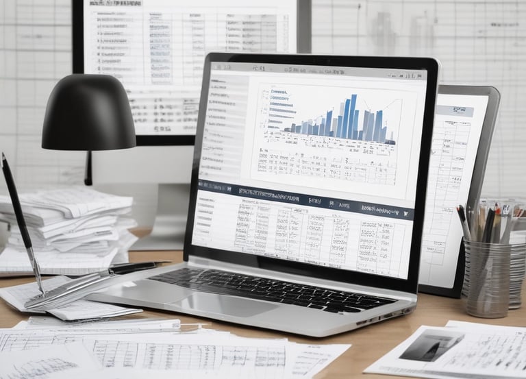 A modern office workspace with financial technology tools and data analytics on screens.