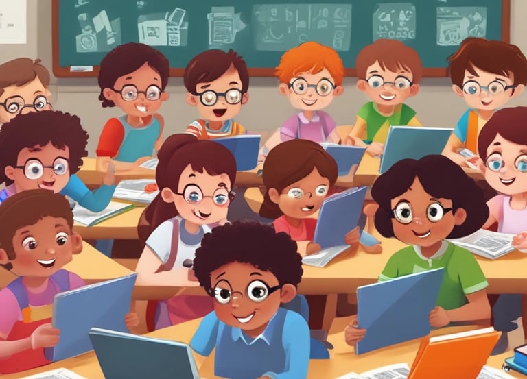 A teacher is engaging with a group of students sitting at a desk. The students are dressed in matching attire and wearing traditional headwear. They appear focused on their studies as they interact with the teacher. Books are open in front of them, and shelves filled with books are visible in the background.