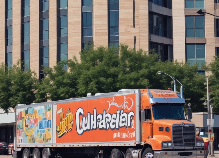 A large delivery truck features the bold branding of a well-known soft drink company with its name prominently displayed in large white letters on a blue background. The truck is parked next to an old brick building with tall, industrial-style windows. Shadows from overhead cables stretch across the scene, adding an urban feel.