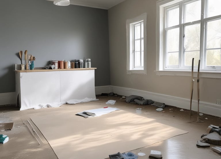A section of a wall is being painted. The surface appears partially covered with paint, and various painting supplies are present, including a large paint bucket and a brush. The ground is protected with plastic sheets, and there is a close-up of paint on a tool in the foreground.