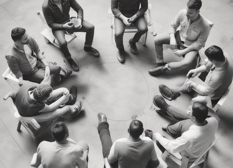 Men sitting in circles, supporting each other
