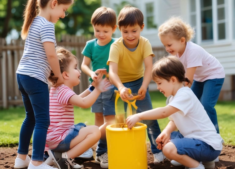 A single-story white building, possibly a preschool, with multiple windows is set against a backdrop of palm trees and a clear blue sky. The structure is surrounded by a low metal fence and is located next to a well-maintained grass lawn and a paved street in the foreground.
