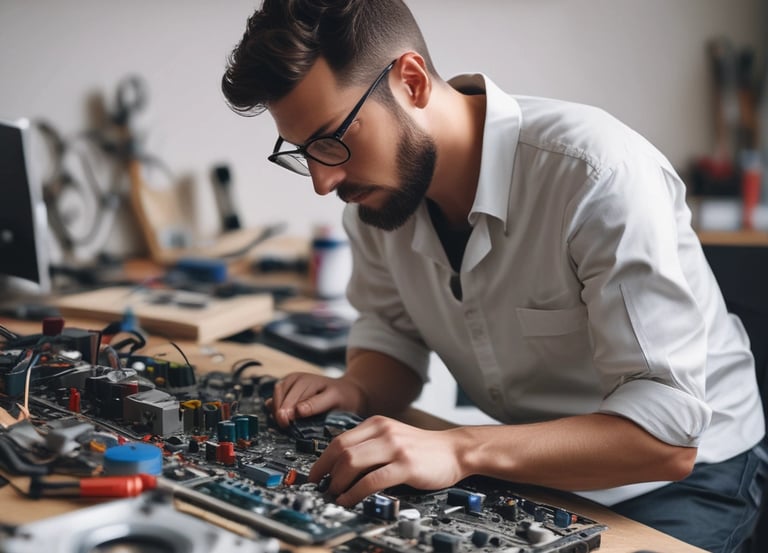 Technician repairing a modern flat-screen television in a workshop setting.