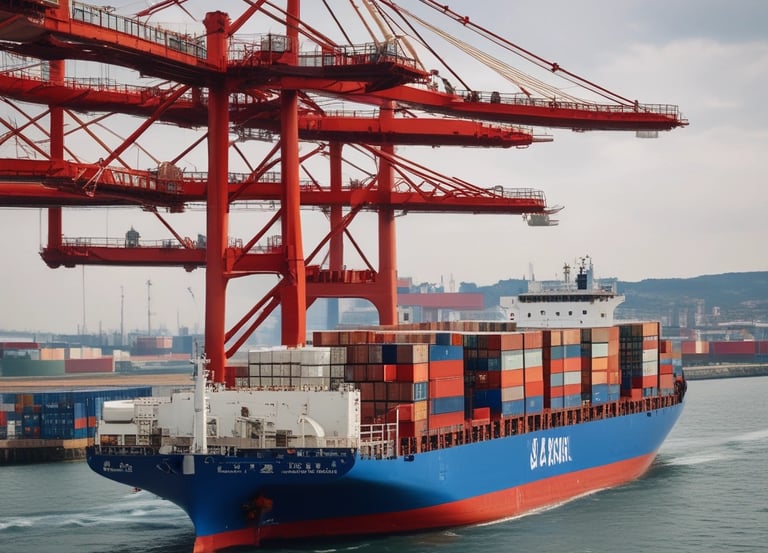 A freight train with bright headlights travels through a foggy landscape, carrying numerous shipping containers. The surroundings include dry grass and tracks leading into the distance, with an overcast and moody sky.