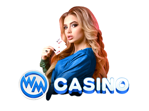 wm casino with a woman holding a card game in front of a casino sign