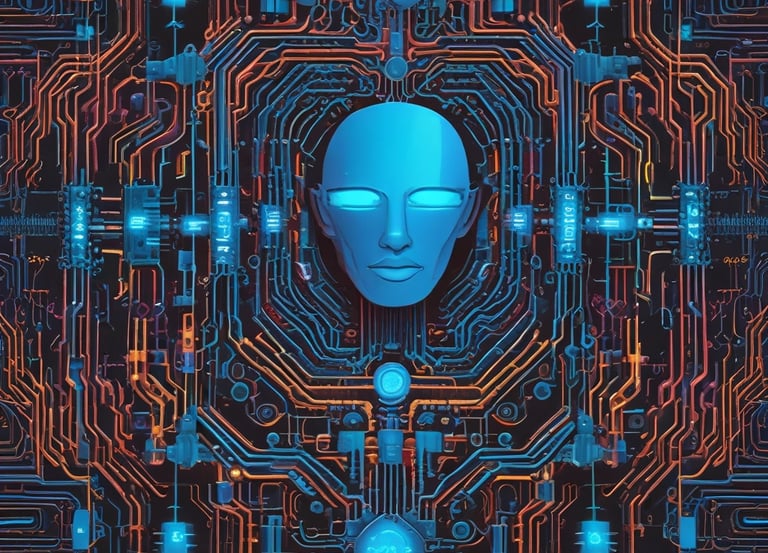 A futuristic and digital-themed image features a stylized circuit board with the words 'Open AI' in bold, glowing letters. Above it is a design that resembles an AI or robot face with neon accents. The background consists of a network of interconnected blue lines and nodes, suggesting themes of technology and connectivity.
