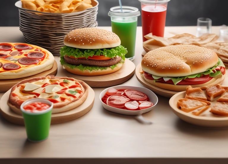 A wooden surface is topped with fast food items including two packages of French fries in red packaging, a wrapped bacon burger in purple wrapping, and a closed Big Mac box. The scene is typical of a fast-food meal setting.