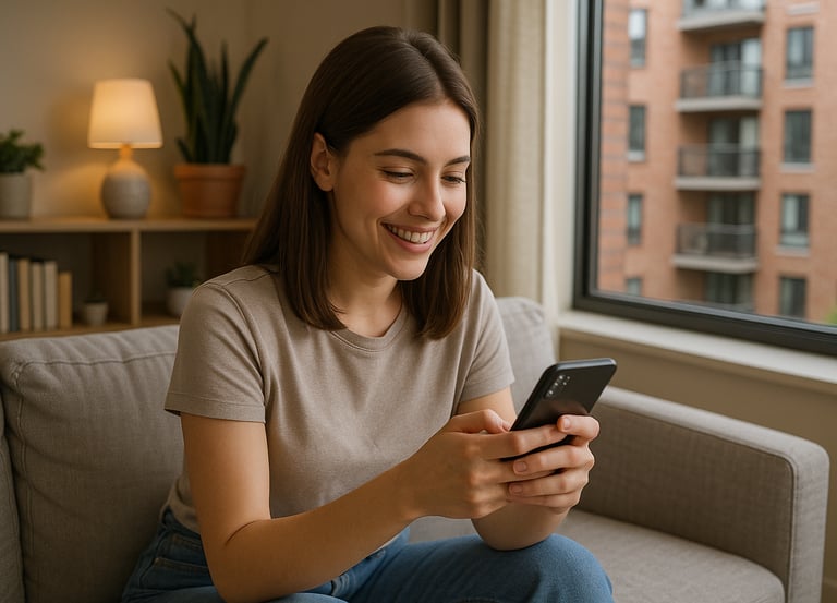 residente de conjunto residencial satisfecha y feliz