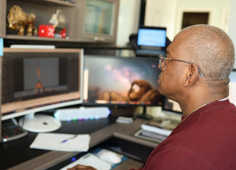 Professional editor working at a modern workstation with multiple monitors and video editing software.