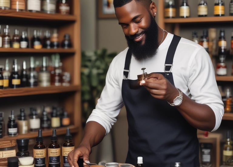 An assortment of handcrafted soaps and bath products arranged on a table. The display includes a cupcake-shaped soap, various small soaps shaped like animals and objects, and bath products in bottles and containers. A decorative setup with a mix of colors and textures is visible, highlighted by a large pink flower and packaging materials.
