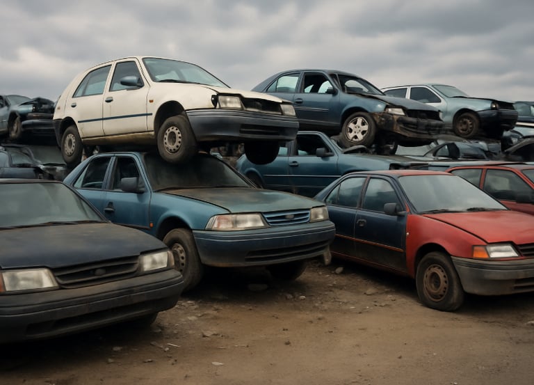 A pile of junk cars parked in a lot waiting to be recycled.