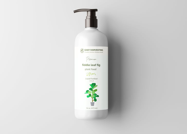 Easy Harvesting fiddle leaf fig liquid fertilizer bottle with pump, shown alongside service offering