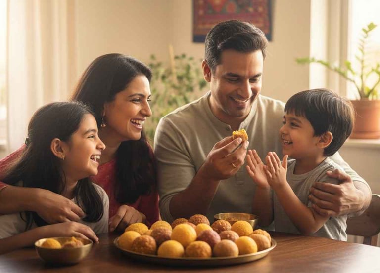 Indian family enjoying homemade laddus together at home, showcasing warmth, tradition, and healthy family bonding with Oh Lad