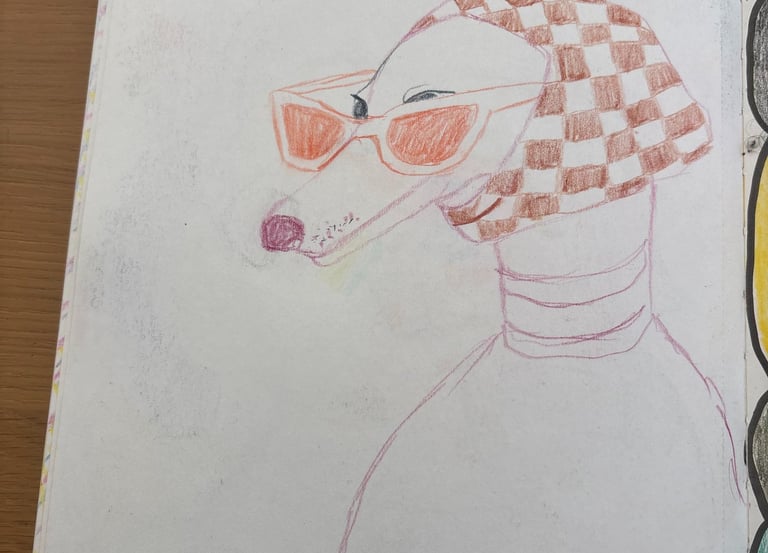 a drawing of a dog wearing sunglasses and a hat