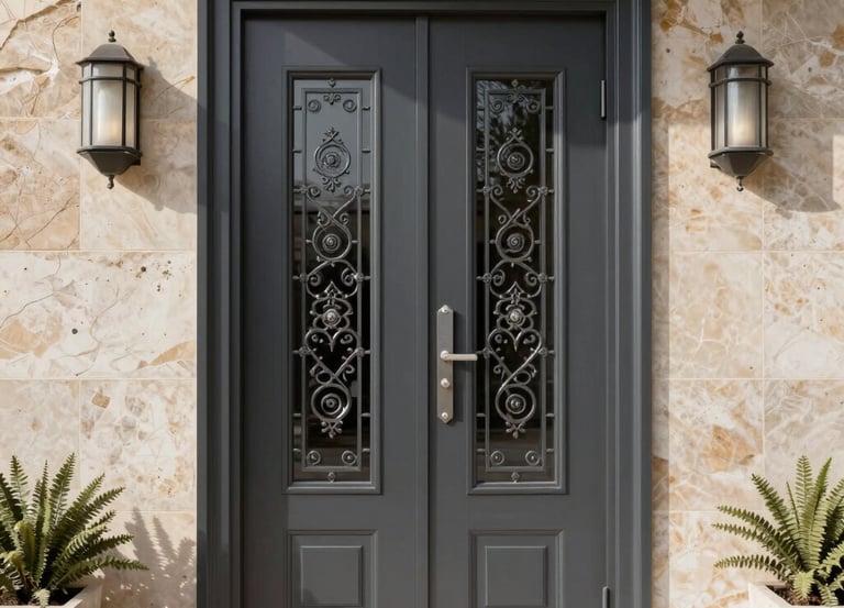 A skilled carpenter repairing a sturdy security door with specialized tools.