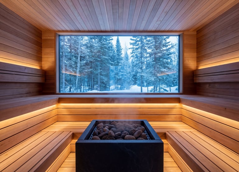 Luxury cedar wood sauna with LED lighting and a large window overlooking a snowy winter forest.