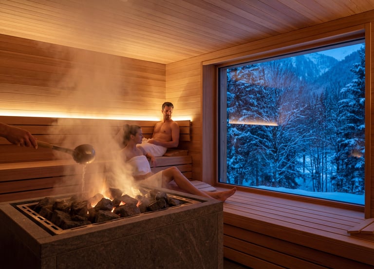 Couple relaxing in a modern wood sauna with steam and a large window overlooking a snowy winter forest.