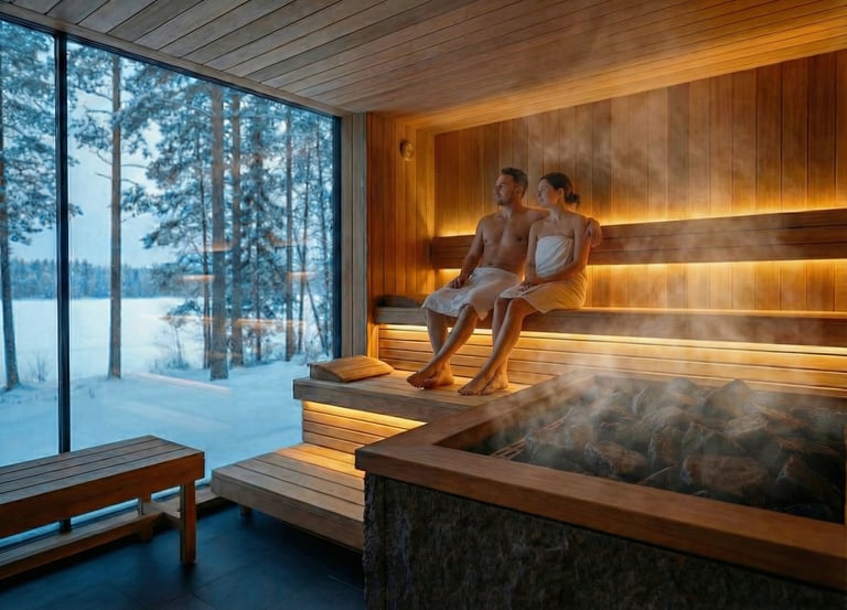 A couple relaxing in a luxury wood sauna with a view of a snowy winter forest.