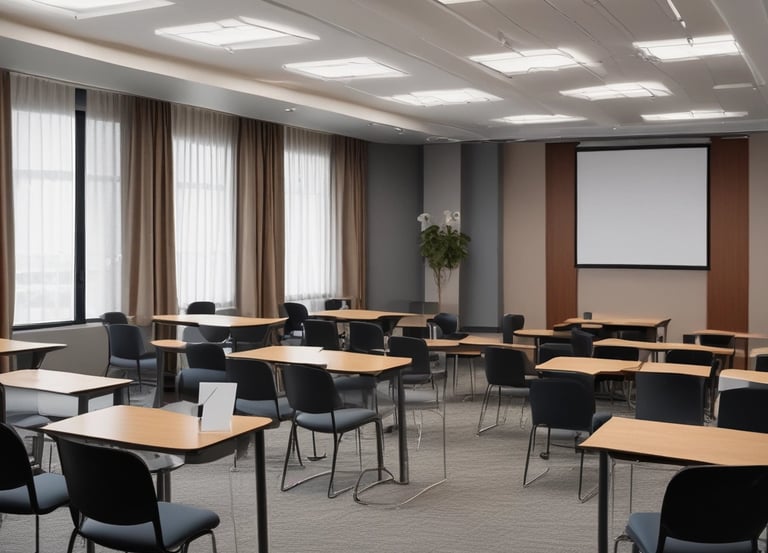 The room is a well-lit conference or training room with several rows of desks, each equipped with computer monitors and ergonomic chairs. A large projector screen is mounted on the beige wall, flanked by two plants. The room is illuminated by a grid of ceiling lights, and a whiteboard stands in the corner.
