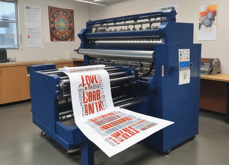 A modern printing press with vibrant blue tones and printed materials on display.