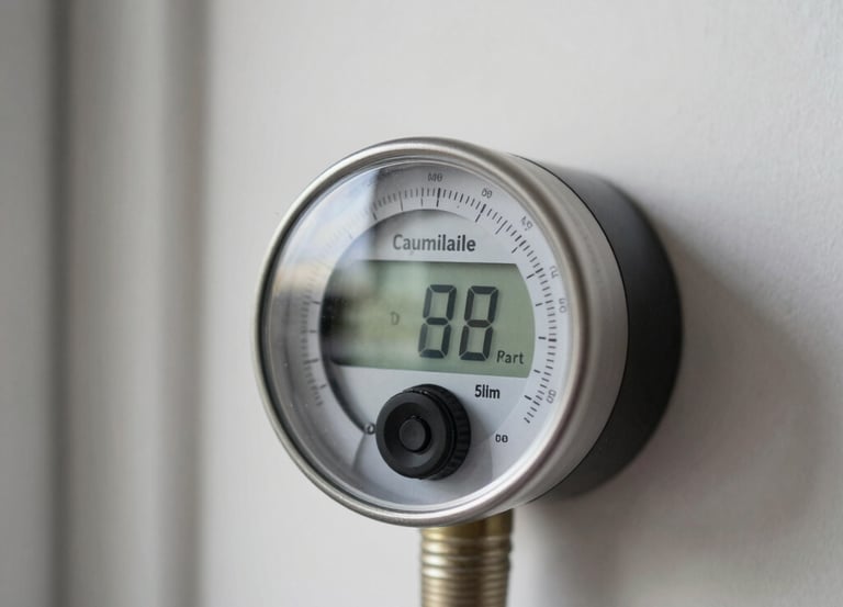 A close-up shot of an energy meter in a modern Brazilian apartment, showing a digital display, clean white walls in the background, sharp focus, natural daylight.