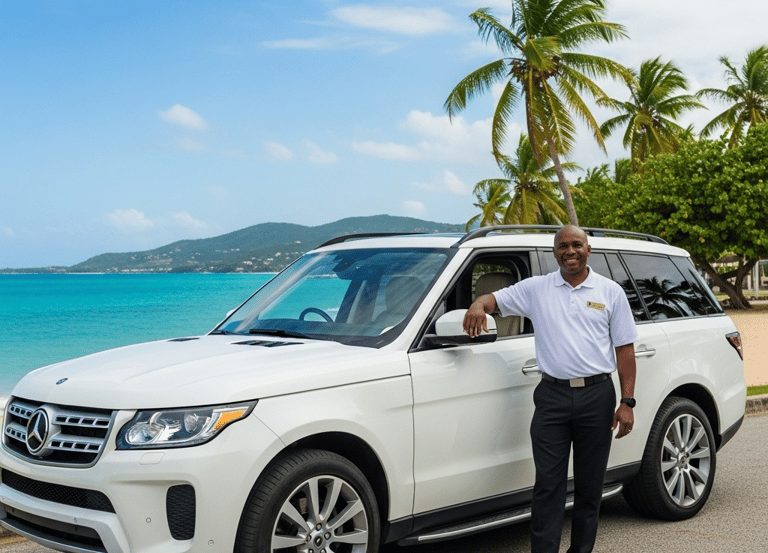 a man standing next to a white suv