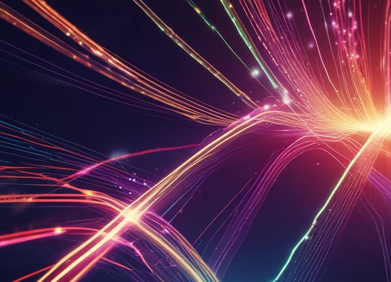 A close-up of brightly lit fiber optic cables arranged neatly in a modern setting.