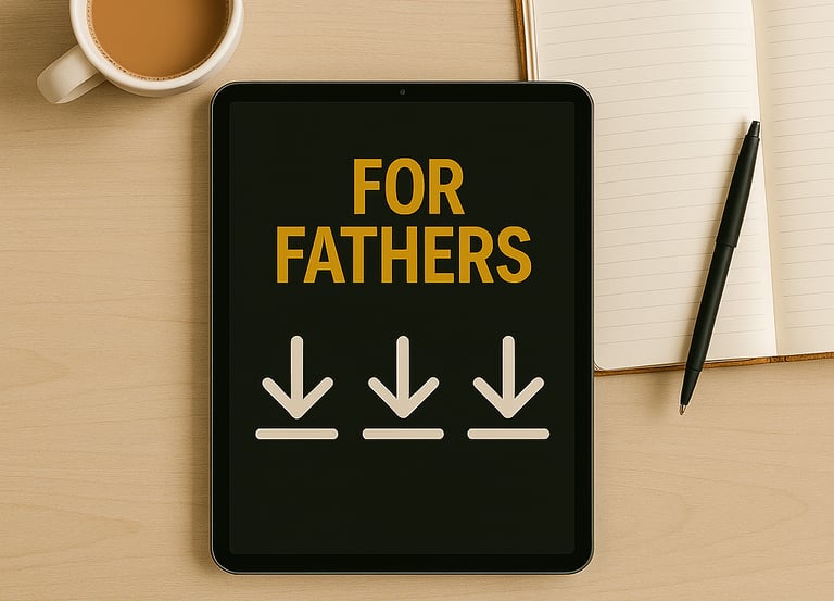 Digital downloads for dads workspace with coffee, tablet, and notebook
