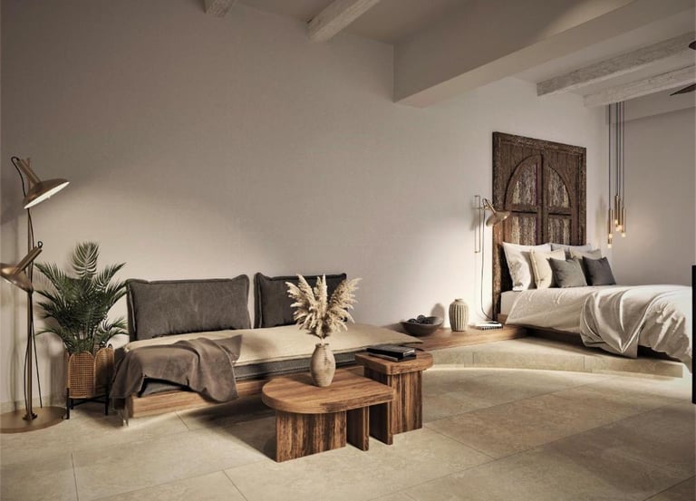 Modern rustic bedroom interior with minimalist wooden furniture and neutral earth tones.